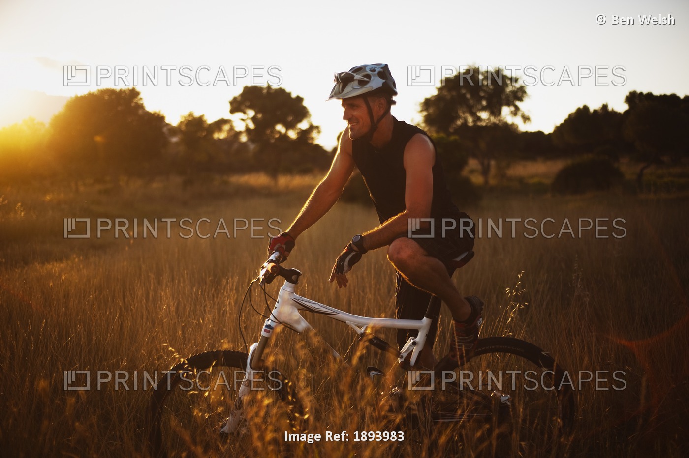 A Man Riding His Bike Through Tall Grass At Sunset In Parque Natural Los ...