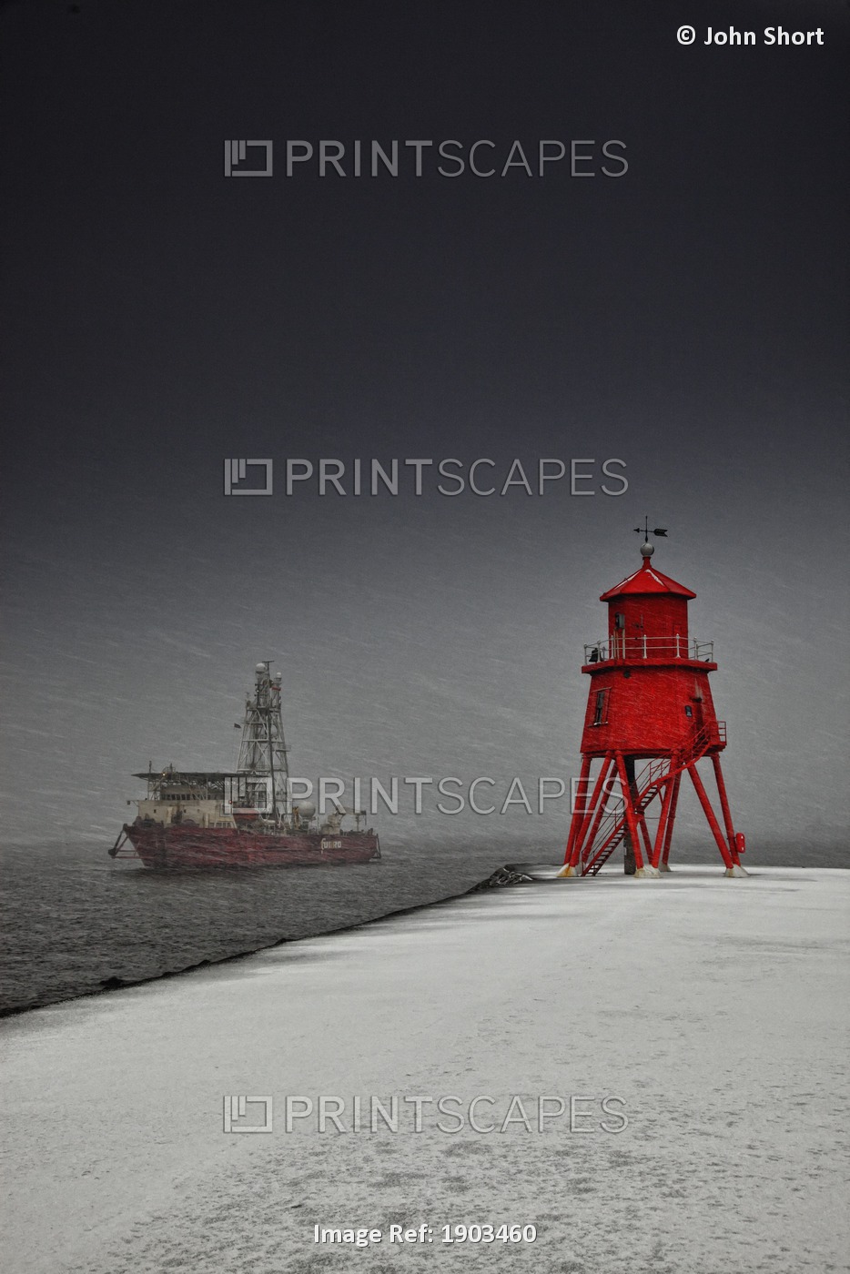 A Red Lighthouse Along The Coast In Winter With A Boat Off The Shore In The ...