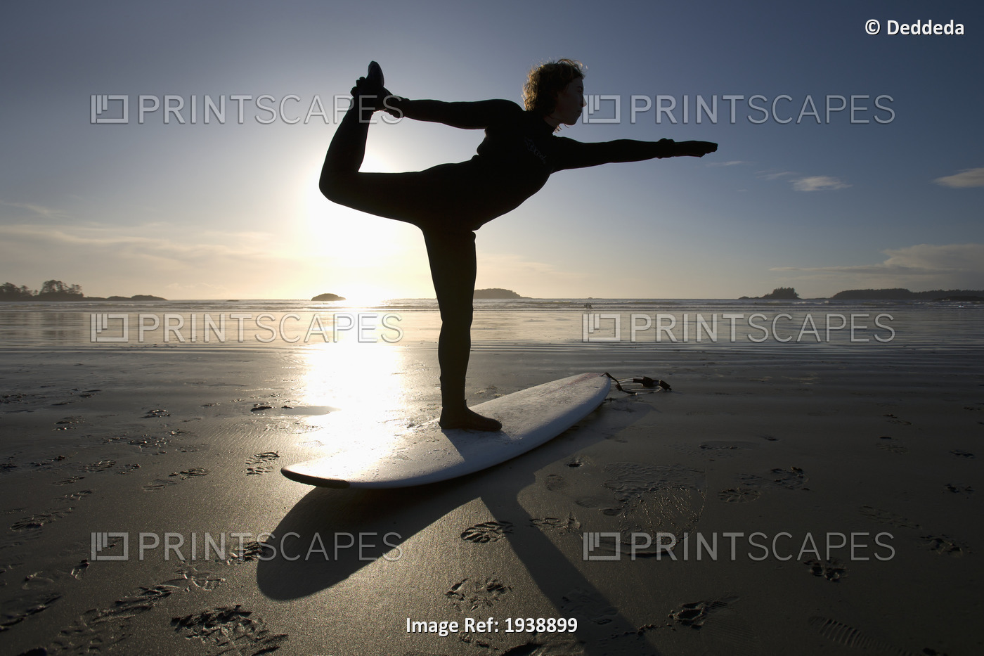 Silhouette Of Female Surfer Doing Bow Pulling Yoga Pose; Chesterman Beach ...