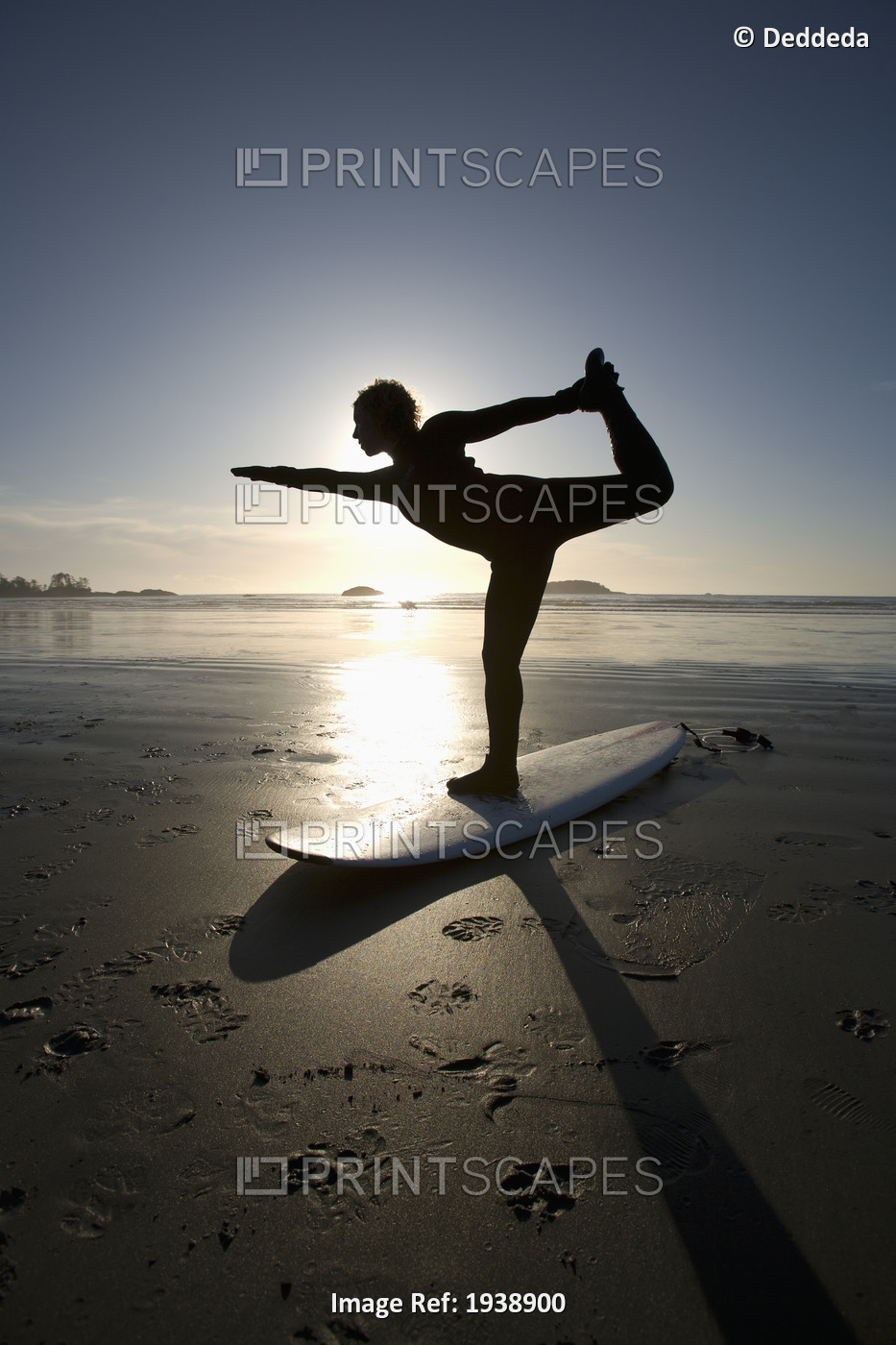 Silhouette Of Female Surfer Doing Bow Pulling Yoga Pose; Chesterman Beach ...