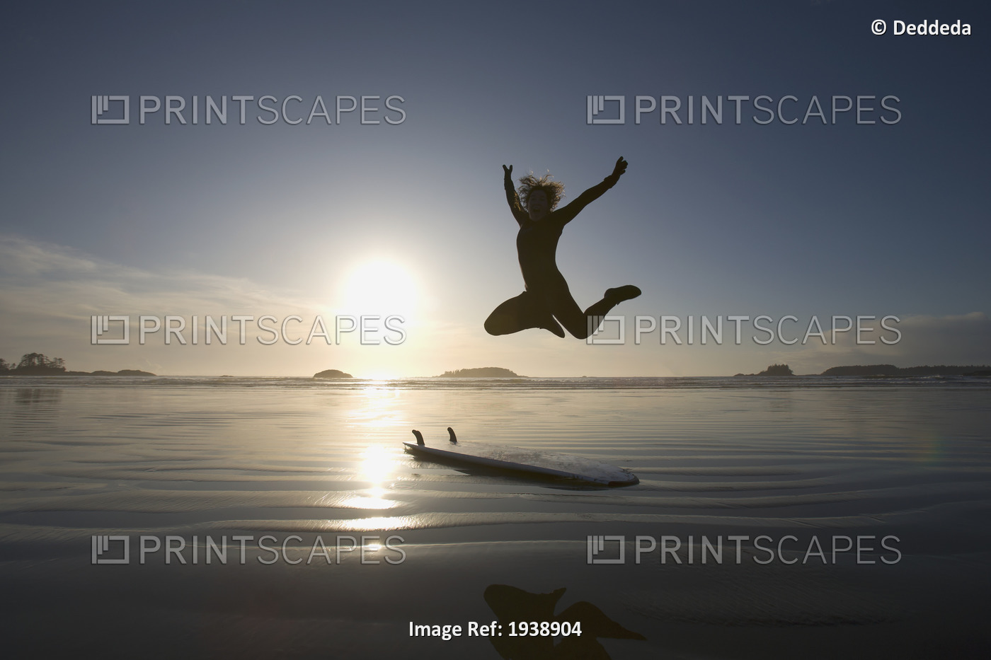 Silhouette Of Female Surfer Jumping For Joy; Chesterman Beach Tofino Vancouver ...
