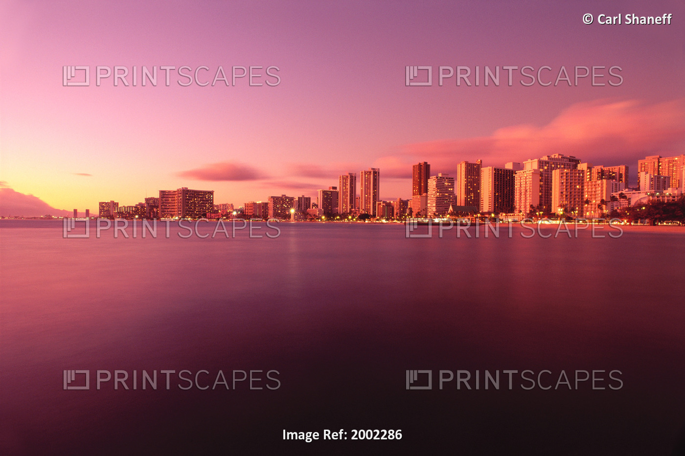 Hawaii, Oahu, Honolulu, Waikiki At Sunset, View From Across Ocean, Purple Pink ...