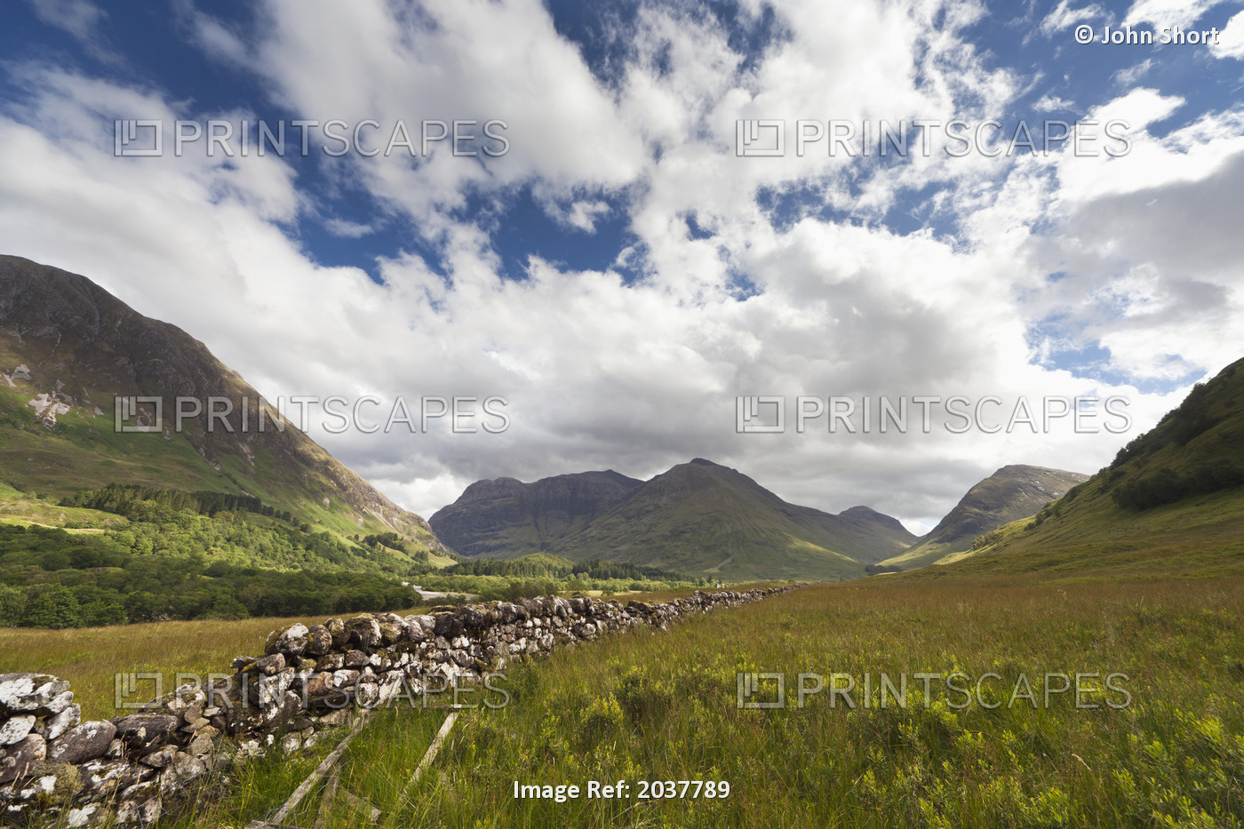 A Stone Wall Through The Fields With Mountains In The Distance; Glencoe Argyll ...