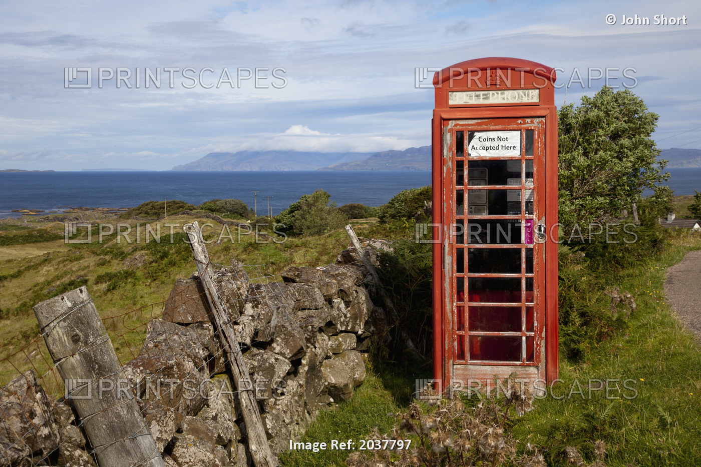 A Red Telephone Booth Beside The Road On The Coast; Argyll Scotland