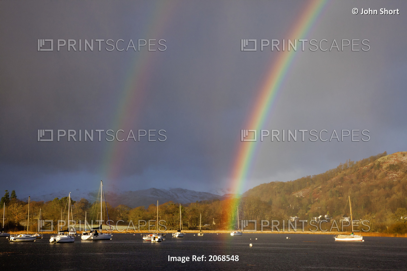 Double Rainbow Over The Harbour Of Windermere Lake; Cumbria England