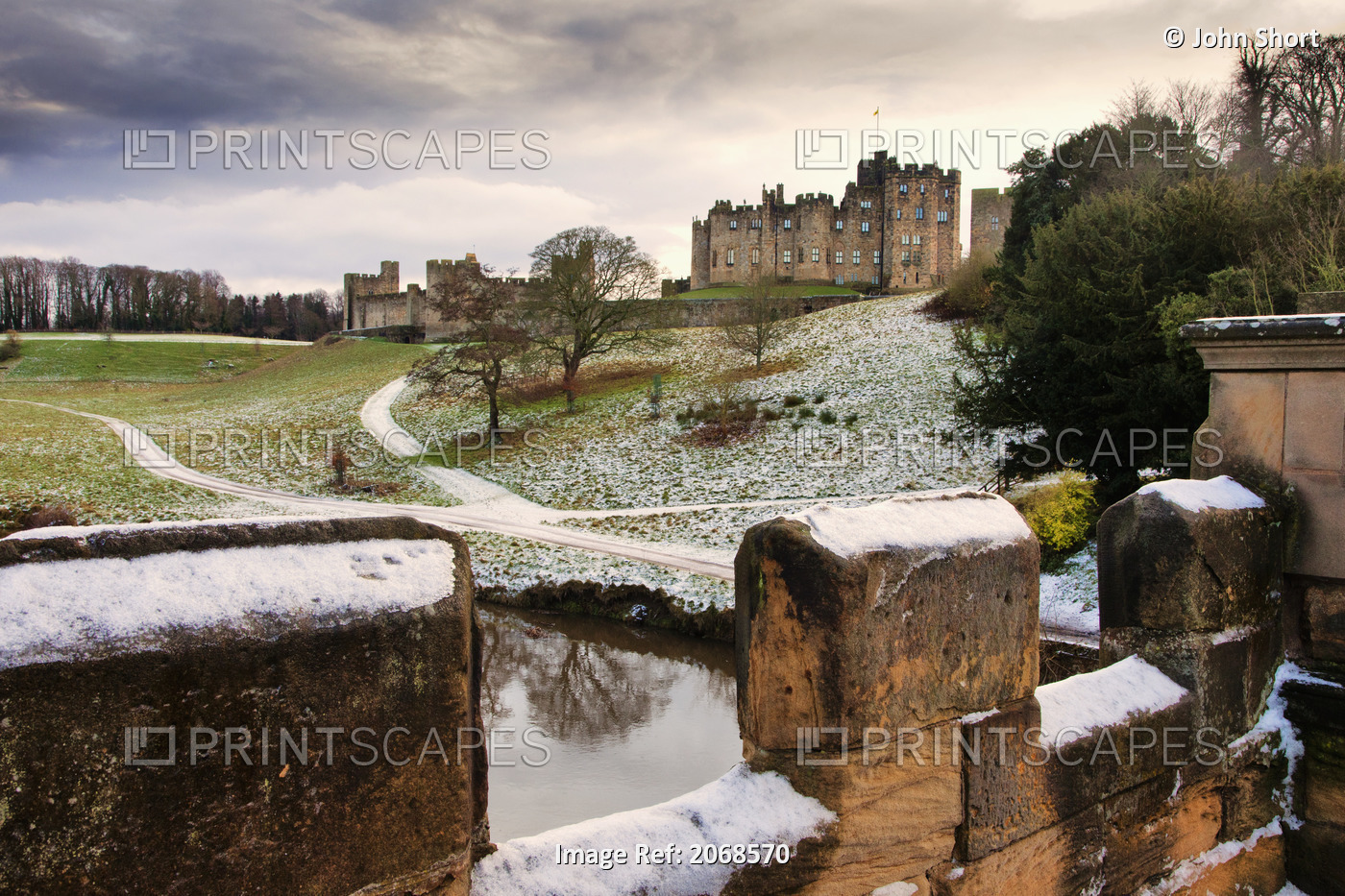 Snow On The Hills And Bridge With Alnwick Castle In The Background; Alnwick ...