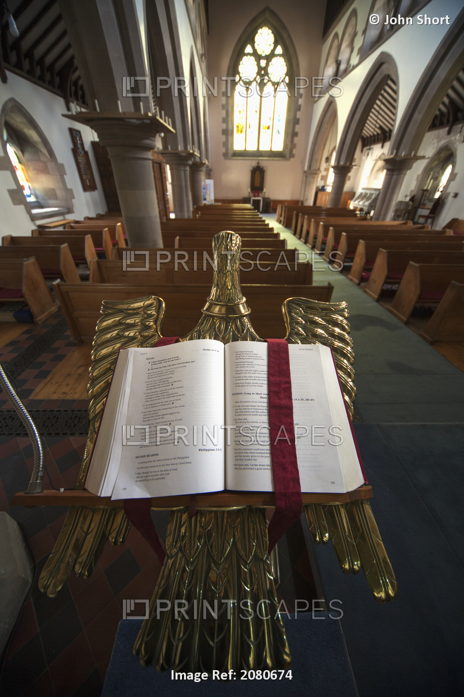 An Open Bible On A Gold Podium In St. Andrew's Church; Kelso, Scottish Borders, ...