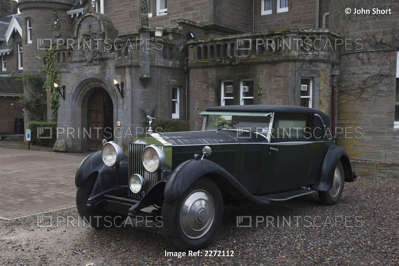 Vintage Black Car Parked Outside A Large Home; Perthshire Scotland
