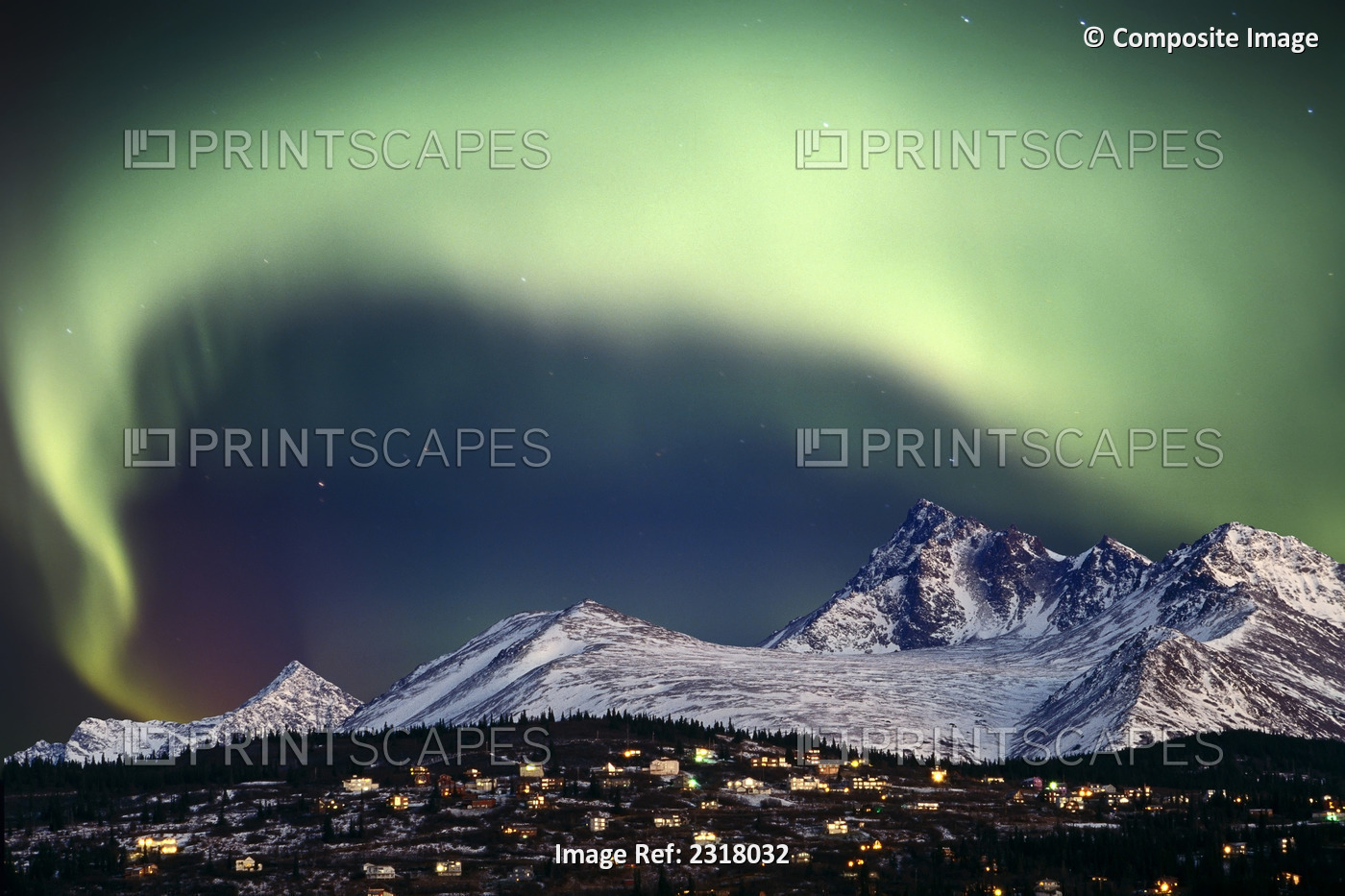Composite Aurora Borealis Over Hillside Neighborhood & Chugach Mountains ...