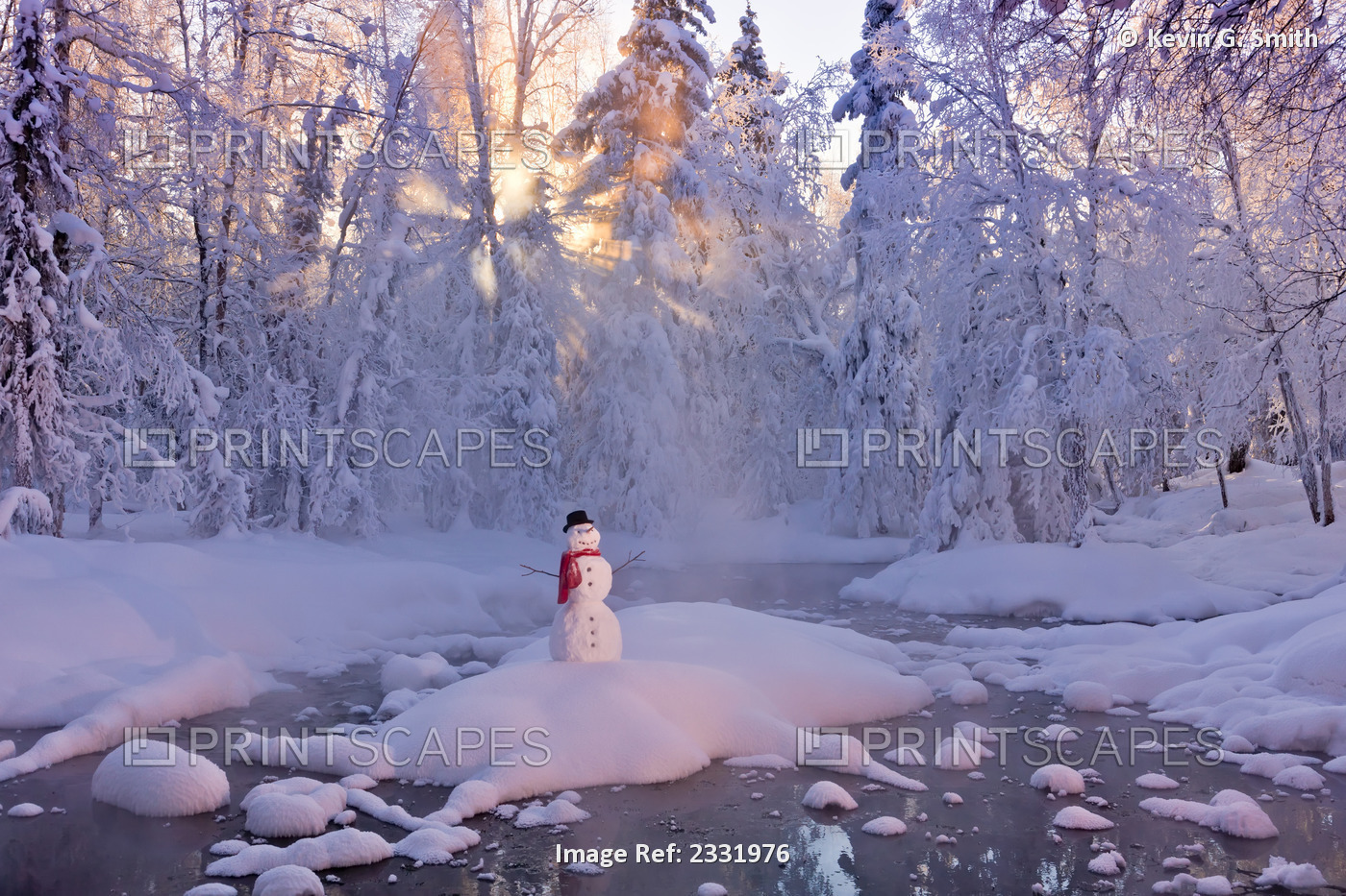 Snowman Standing On A Small Island In The Middle Of A Stream With Sunrays ...