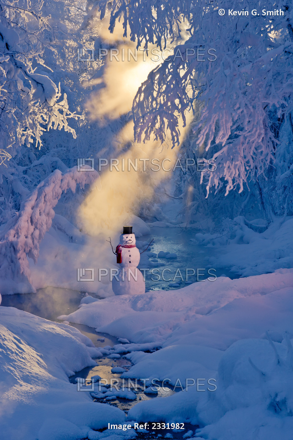 Snowman Standing Next To A Stream With Sunrays Shining Through Hoar Frosted ...