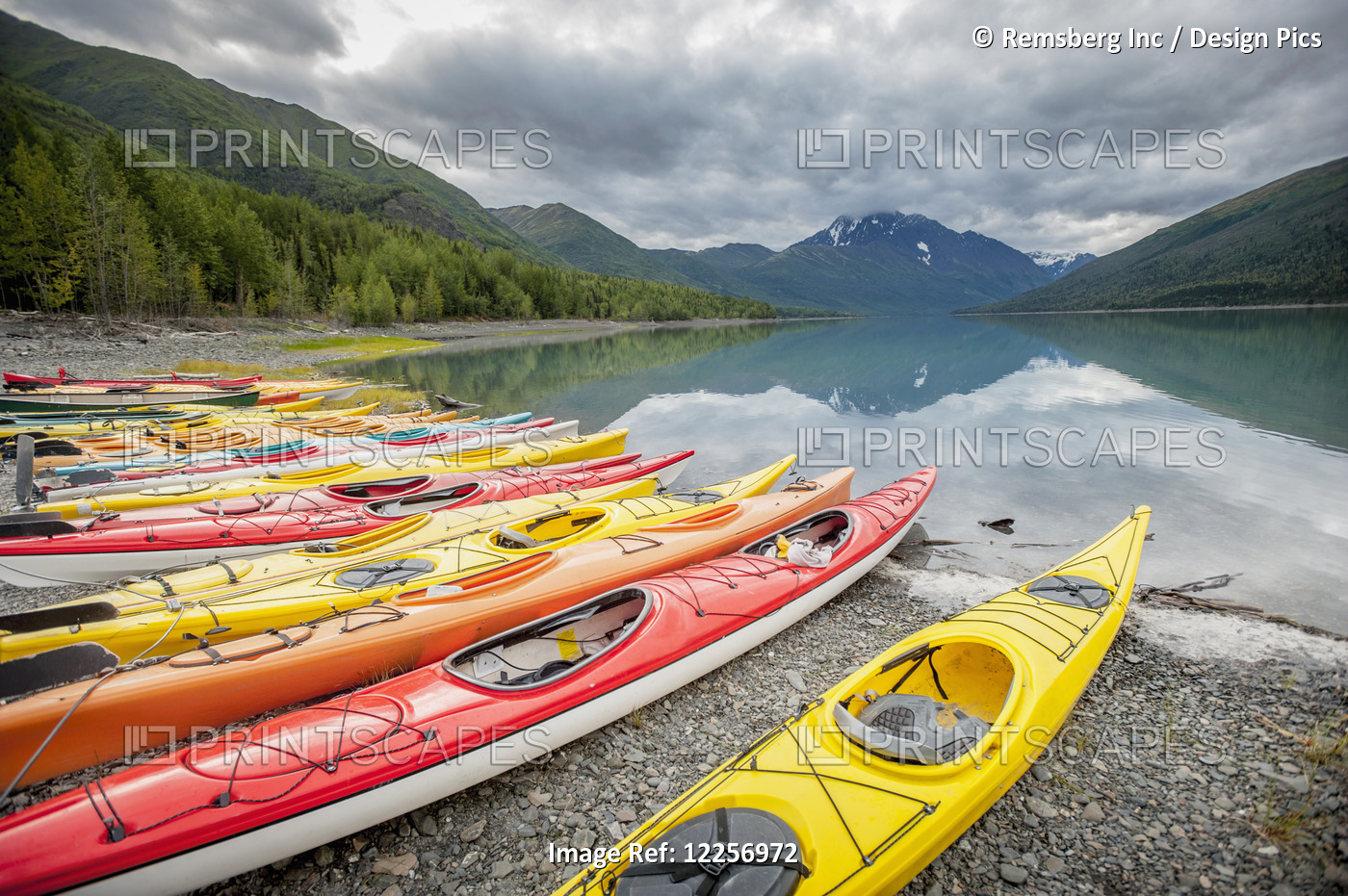Kayaks In A Row On Shore At Eklutna Lake, Chugach Mountains, Southcentral ...