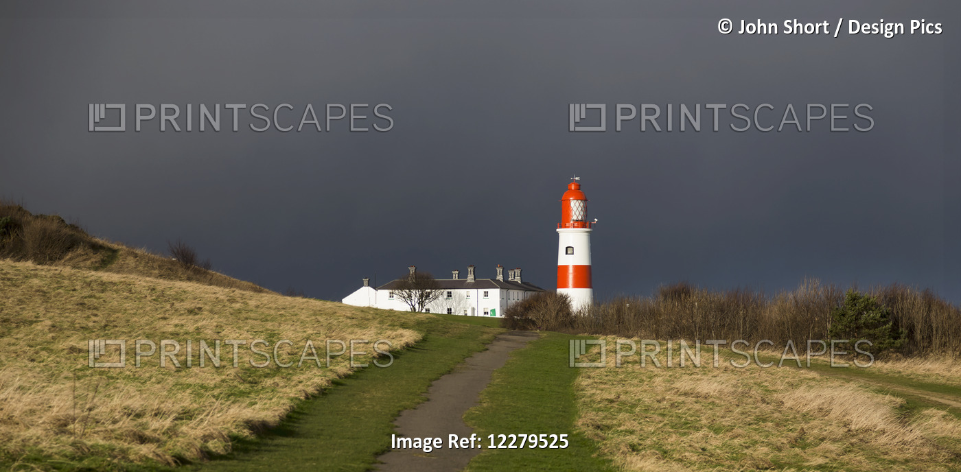 Lighthouse At The End Of A Path With Storm Clouds; South Shields, Tyne And ...