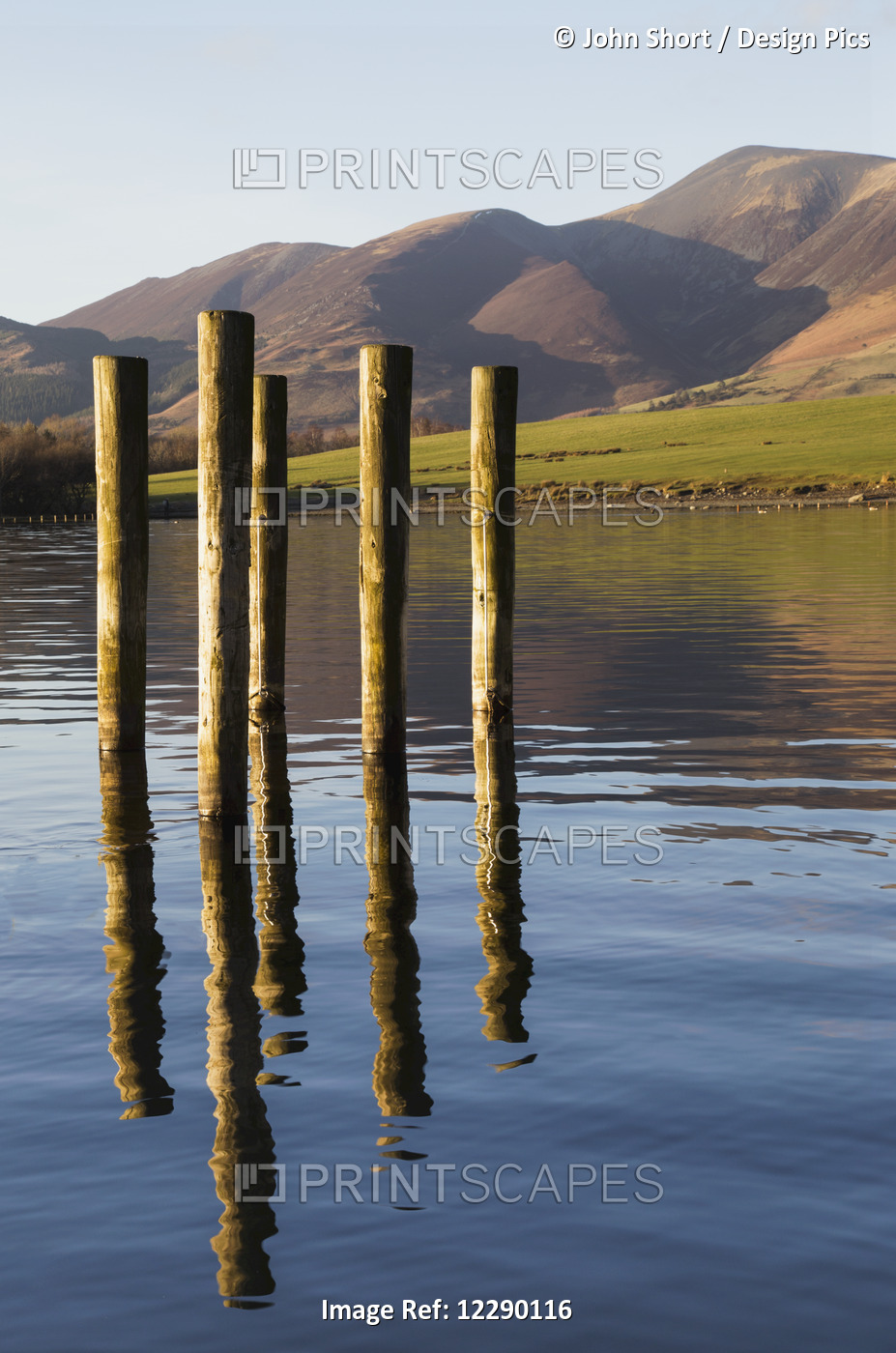 Wooden Posts Reflected In Tranquil After With Mountains The The Background; ...