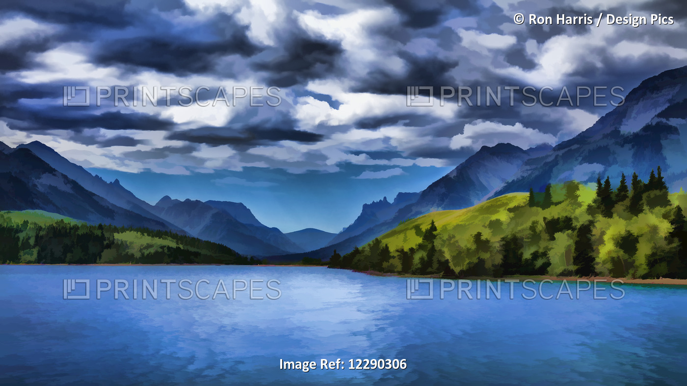 Painting Of A Lake And Mountains In Waterton Lakes National Park; Alberta, ...