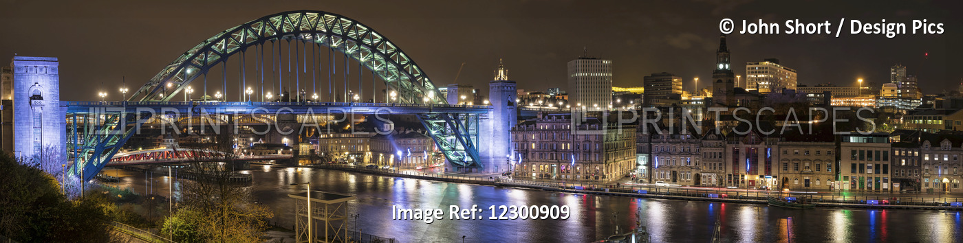 Illuminated Tyne Bridge Over The River Tyne At Nighttime; Newcastle, Tyne And ...