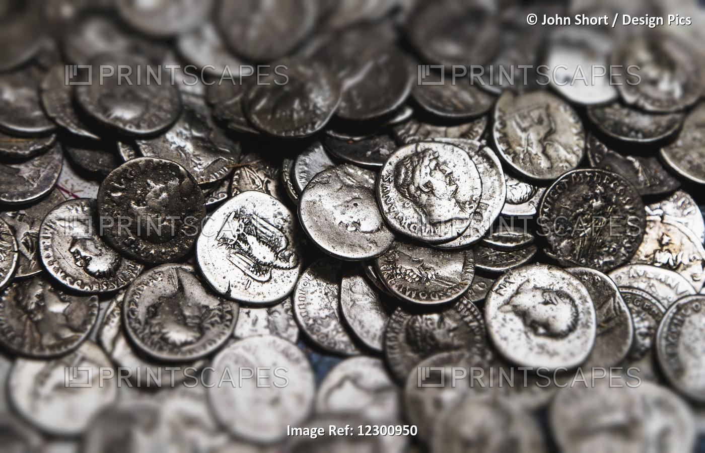 Roman Coins In A Pile; South Shields, Tyne And Wear, England