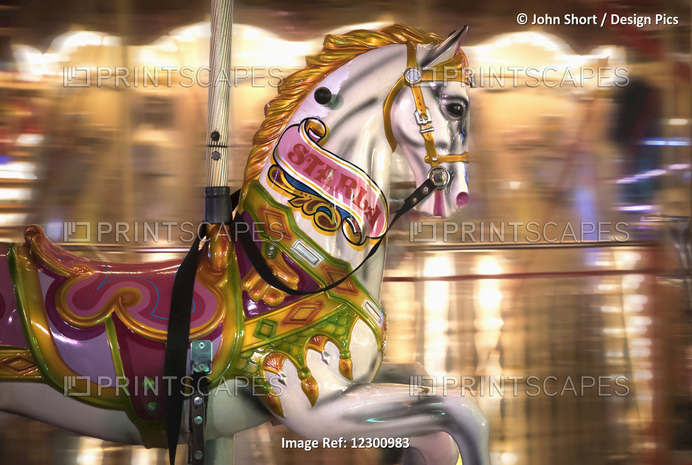Close Up Of A Painted Horse On A Carousel With Blurred Lights In The ...