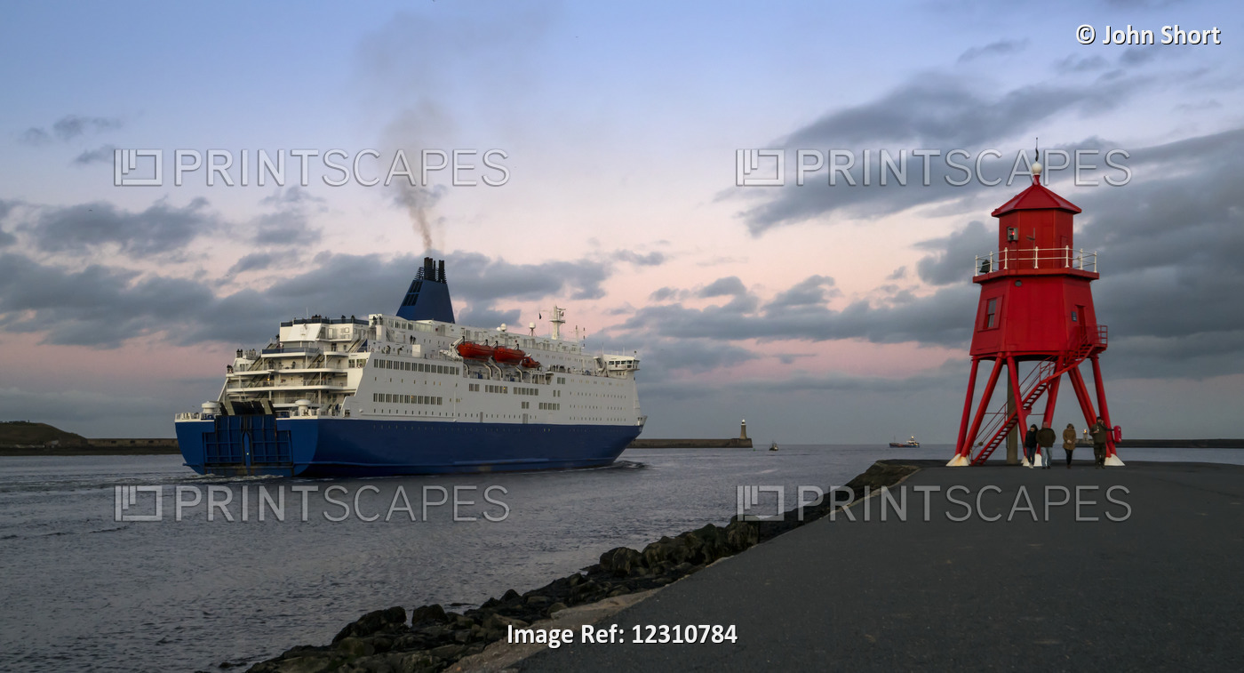 Herd Groyne Lighthouse And A Cruise Ship In The Port Of Tyne; South Shields, ...