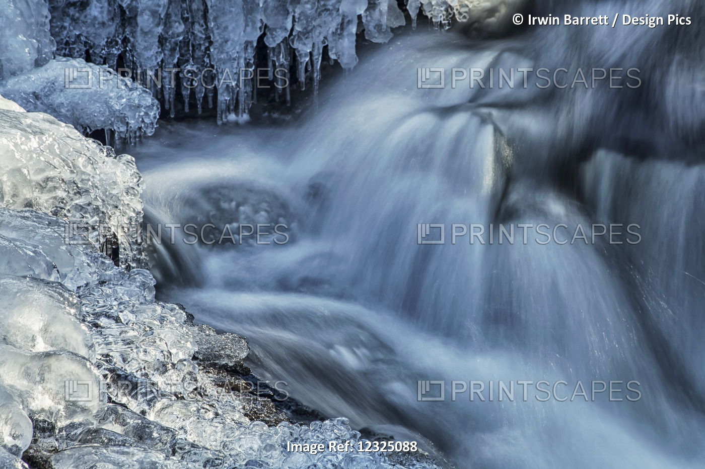 Icicles And Blue Shadowed Cascades On A Small Waterfall; Enfield, Nova Scotia, ...