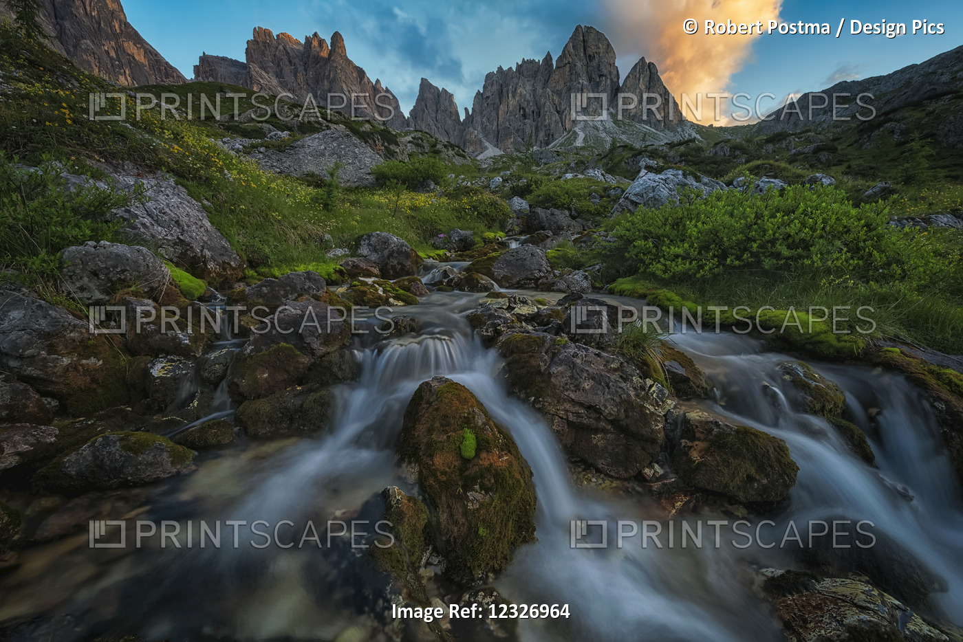 Sunrise Over A Beautiful Mountain Stream In The Dolomite Mountains Of Italy; ...