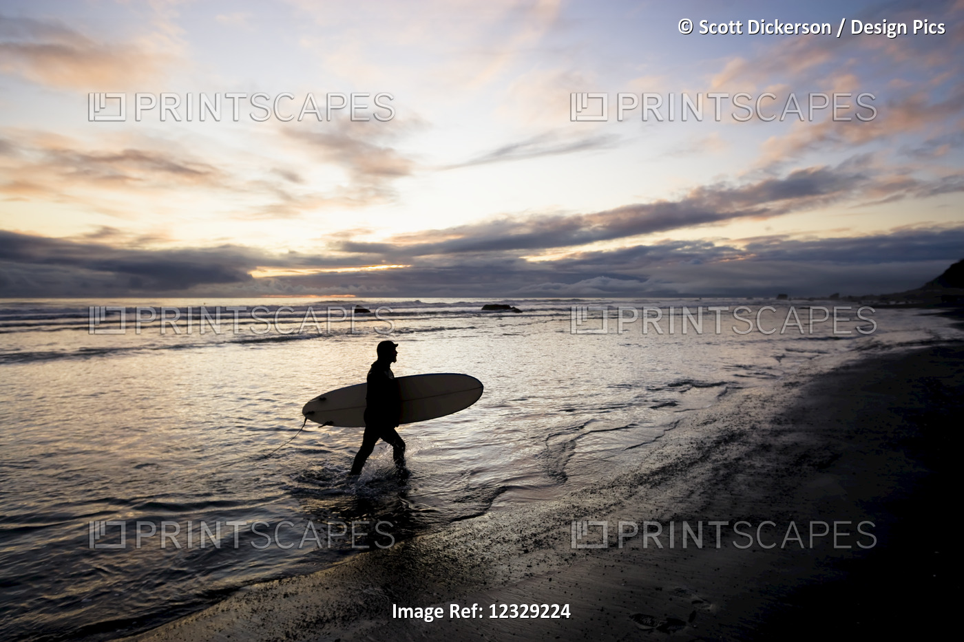 Silhouette Of A Surfer Carrying A Surfboard Back To Shore At Sunset; Alaska, ...