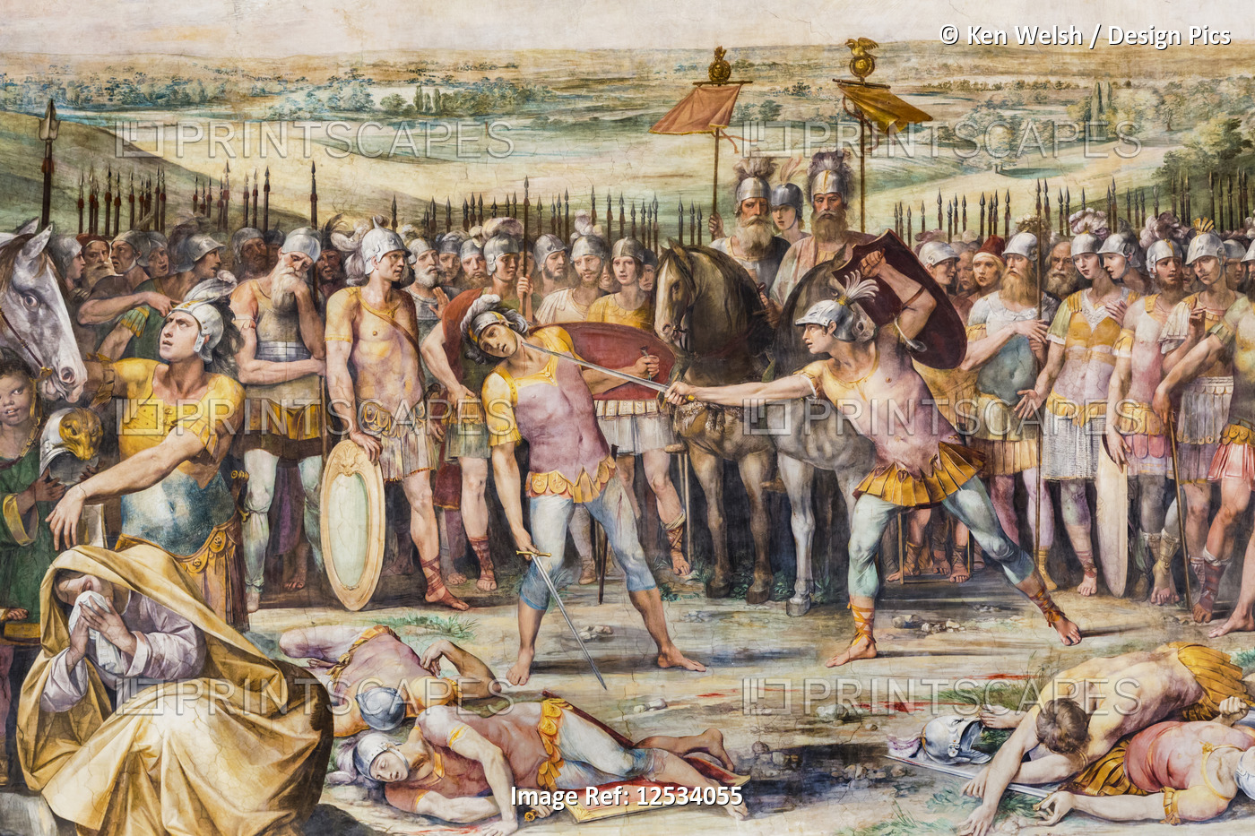 Artwork portraying the battle between Horatii and Curatii, a fresco in the ...