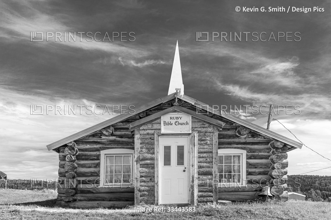 Black and white image of Ruby Bible Church in Interior Alaska, USA; Ruby, ...